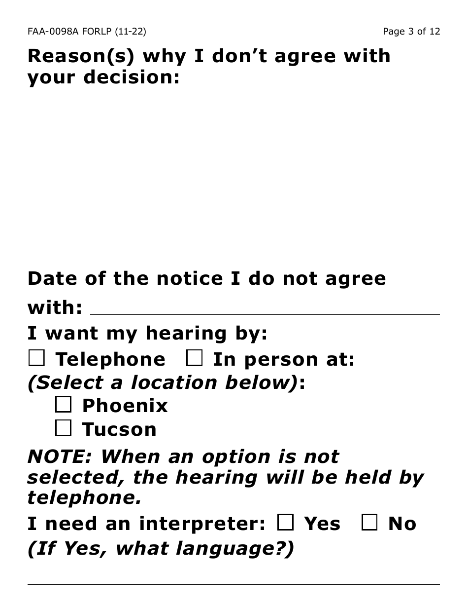 Form FAA-0098A-LP Hearing Request (Large Print) - Arizona, Page 3