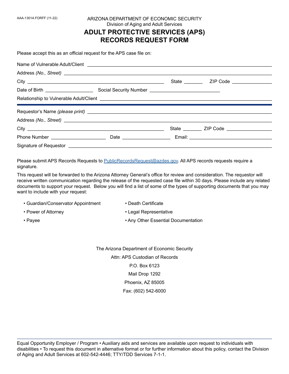 Form AAA-1301A Adult Protective Services (Aps) Records Request Form - Arizona, Page 1