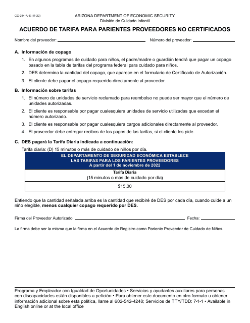Formulario CC-214-A-S Acuerdo De Tarifa Para Parientes Proveedores No Certificados - Arizona (Spanish)