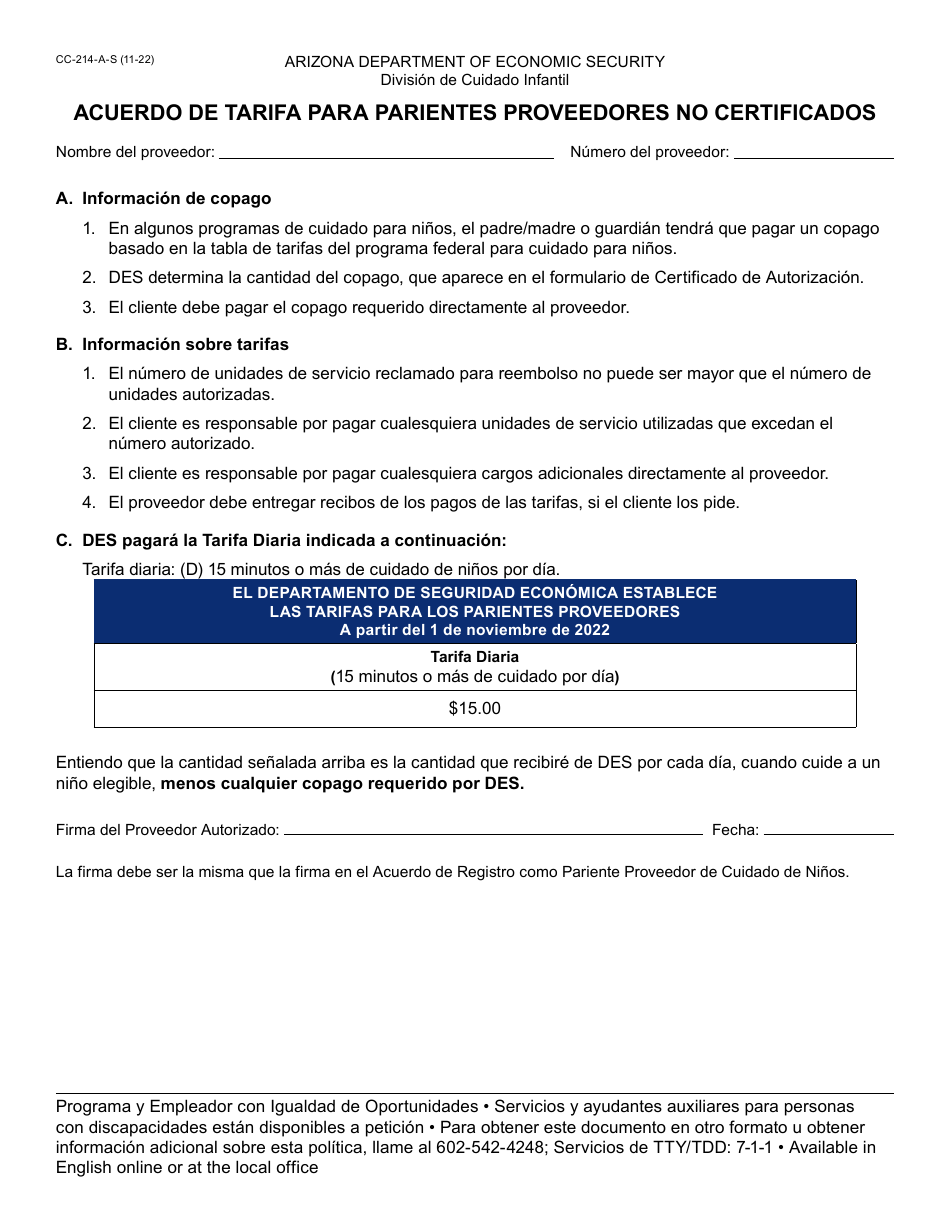 Formulario CC-214-A-S Acuerdo De Tarifa Para Parientes Proveedores No Certificados - Arizona (Spanish), Page 1