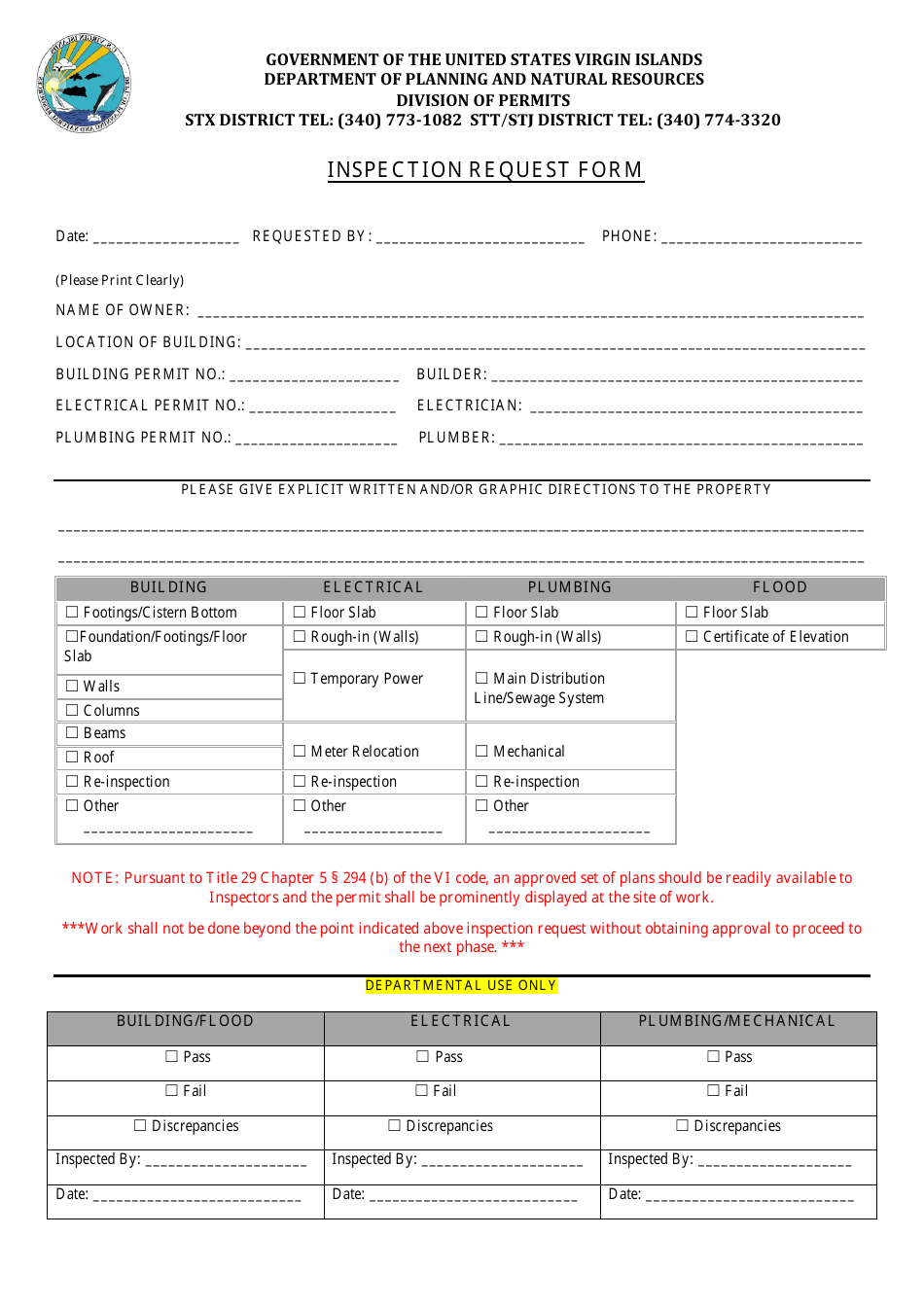 Inspection Request Form - Virgin Islands, Page 1