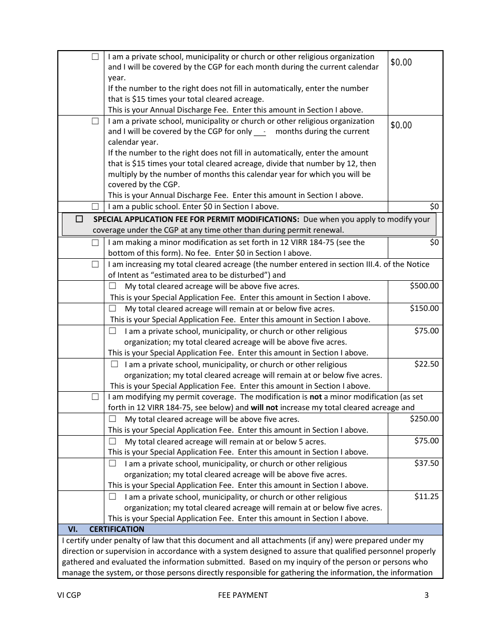Application Fees and Annual Discharge Fees for Stormwater Discharges Associated With Construction Activity - Construction General Permit (VI Cgp) - Virgin Islands, Page 3