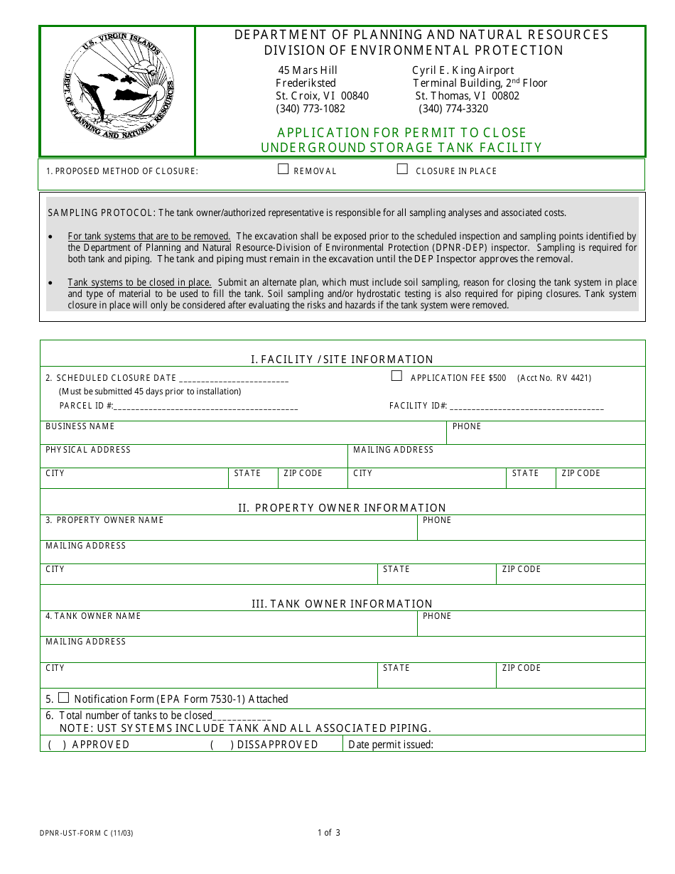 DPNR-UST- Form C Application for Permit to Close Underground Storage Tank Facility - Virgin Islands, Page 1