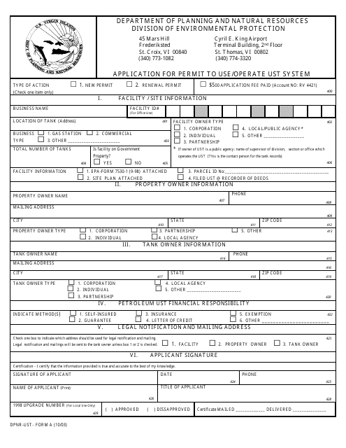 DPNR-UST- Form A Application for Permit to Use/Operate Ust System - Virgin Islands