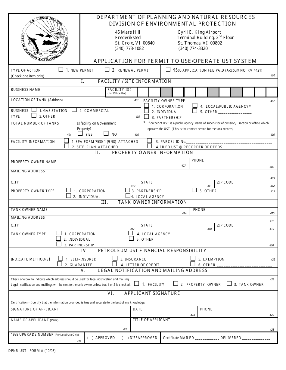 DPNR-UST- Form A Application for Permit to Use / Operate Ust System - Virgin Islands, Page 1