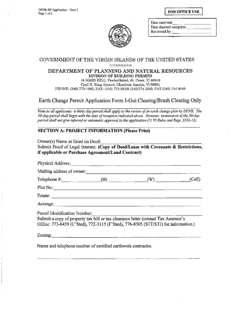 Form I Earth Change Permit Application - Gut Clearing/Brush Clearing Only - Virgin Islands