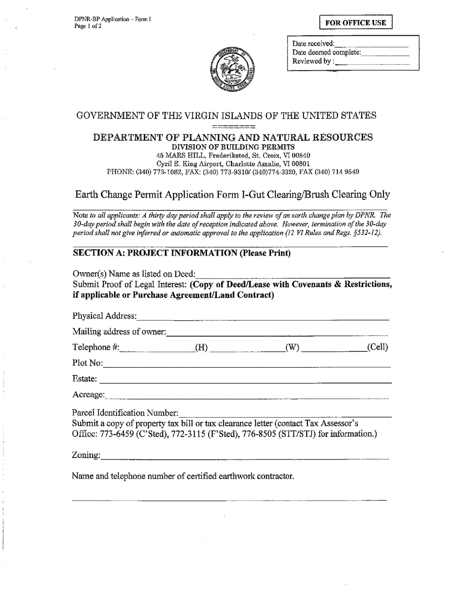 Form I Earth Change Permit Application - Gut Clearing / Brush Clearing Only - Virgin Islands, Page 1