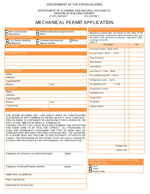 Mechanical Permit Application - Virgin Islands