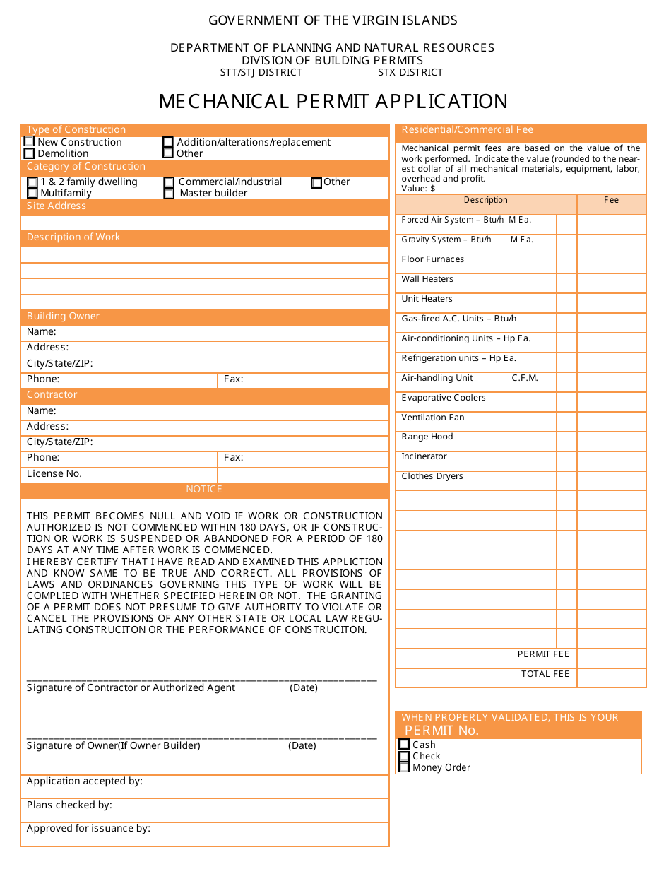 Mechanical Permit Application - Virgin Islands, Page 1
