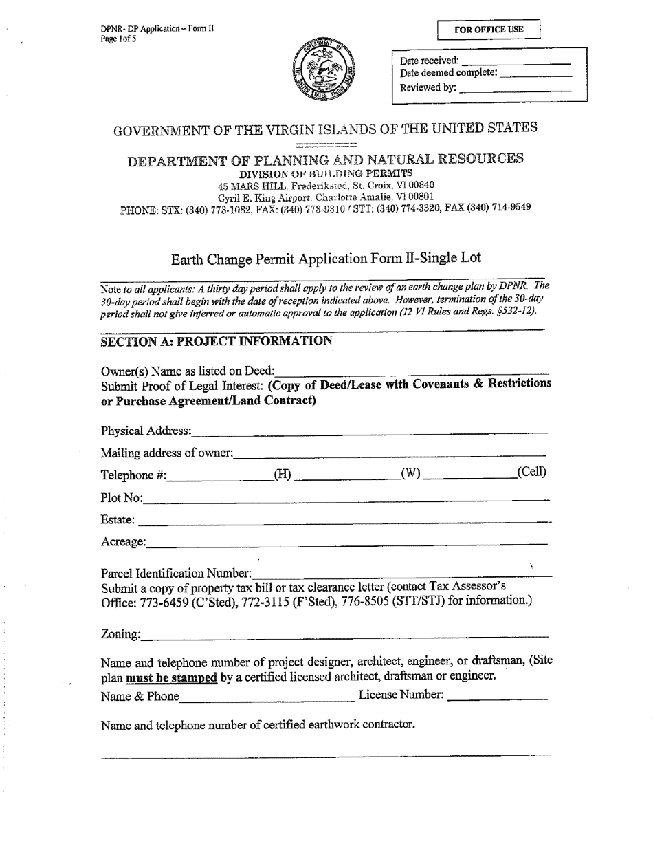 Form II Earth Change Permit Application - Single Lot - Virgin Islands, Page 1