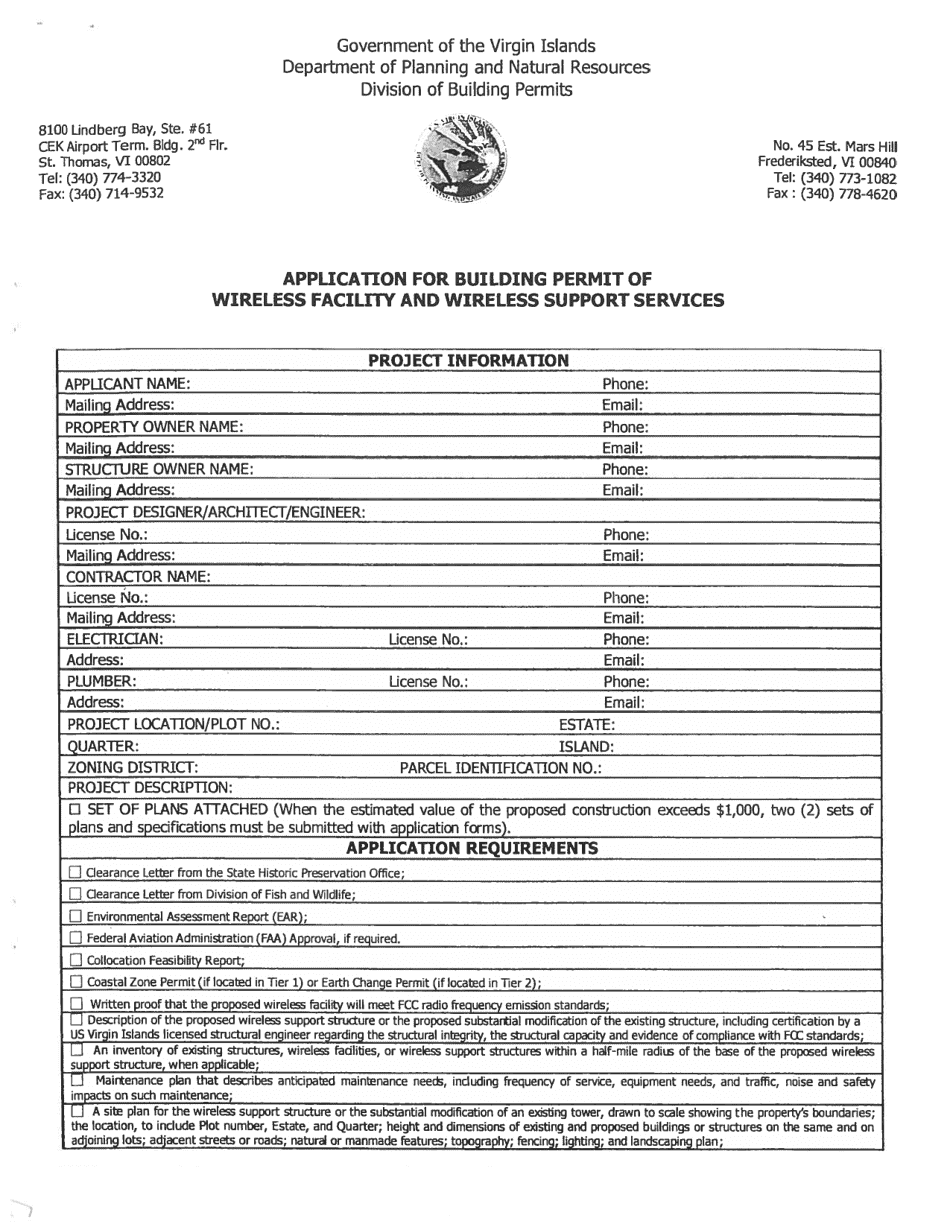 Application for Building Permit of Wireless Facility and Wireless Support Services - Virgin Islands, Page 1