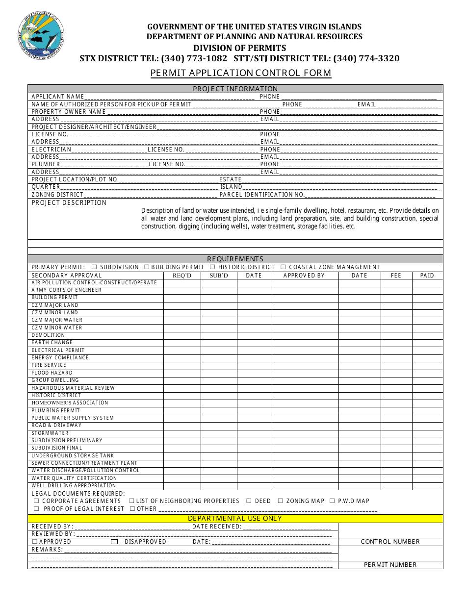 Permit Application Control Form - Virgin Islands, Page 1