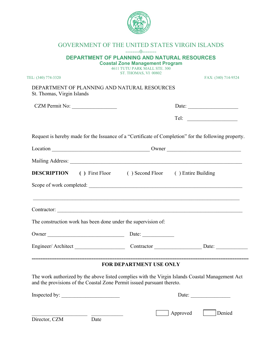 Certificate of Completion - Coastal Zone Management Program - Virgin Islands, Page 1
