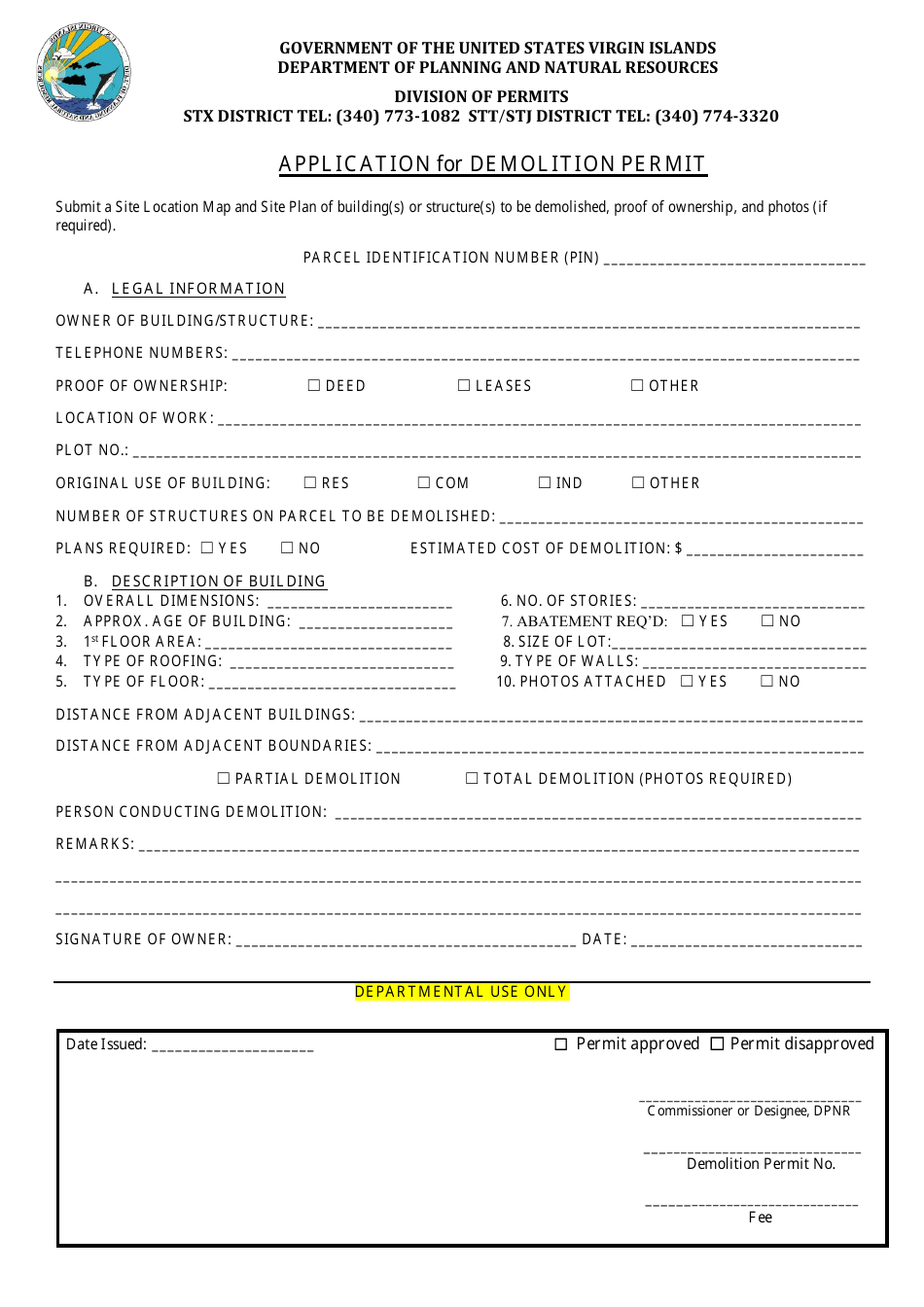 Virgin Islands Application for Demolition Permit Fill Out, Sign