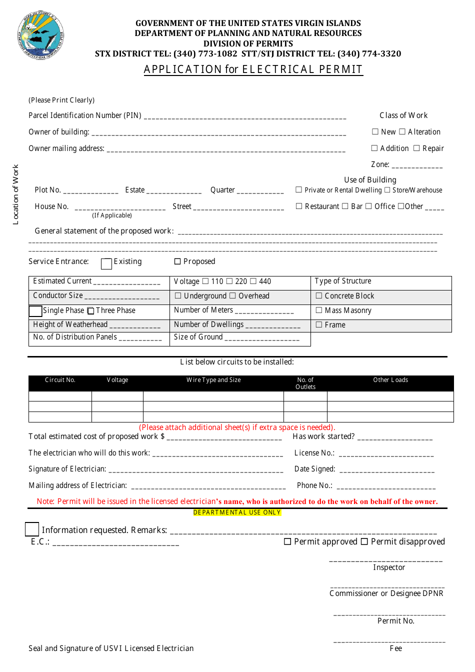 Application for Electrical Permit - Virgin Islands, Page 1