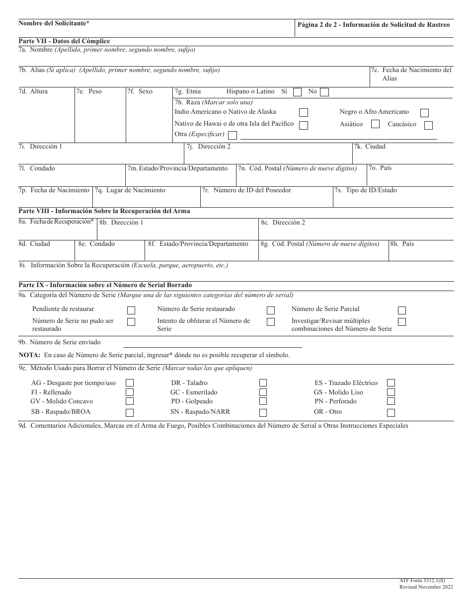 ATF Formulario 3312.1(S) Solicitud De Rastreo Del Centro Nacional De Rastreo (Ntc) (Spanish), Page 2