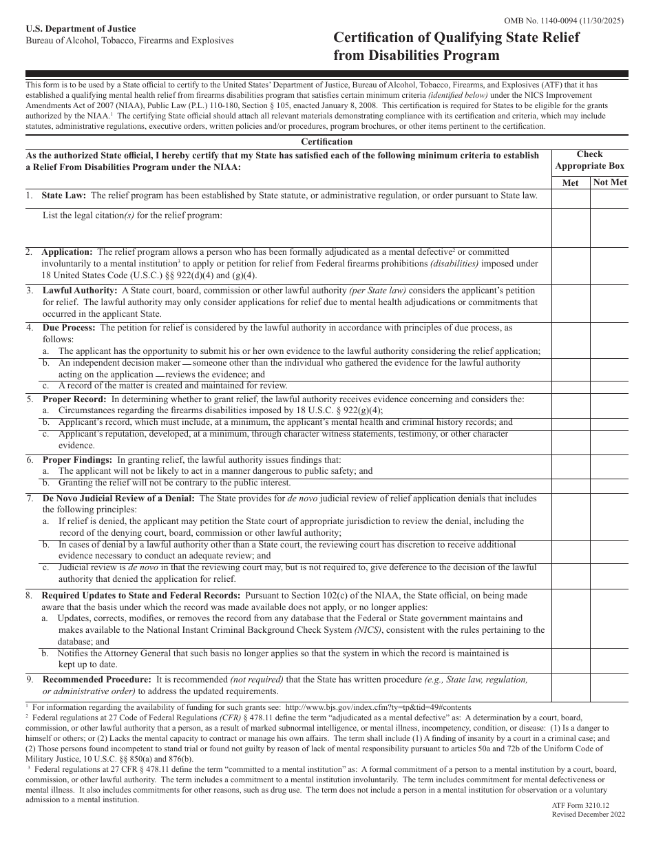 ATF Form 3210.12 Certification of Qualifying State Relief From Disabilities Program, Page 1
