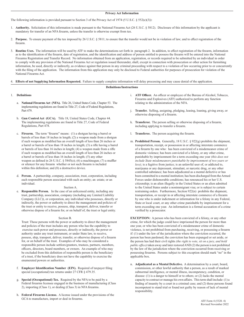 ATF Form 4 (5320.4) Application for Tax Paid Transfer and Registration of Firearm, Page 4