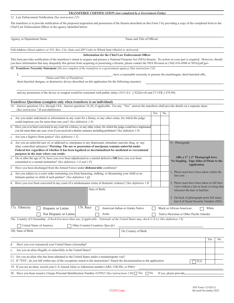 ATF Form 5 (5320.5) Application for Tax Exempt Transfer and Registration of Firearm, Page 12
