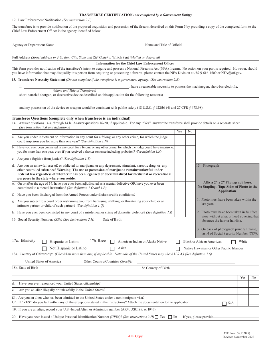 ATF Form 5 (5320.5) Application for Tax Exempt Transfer and Registration of Firearm, Page 2