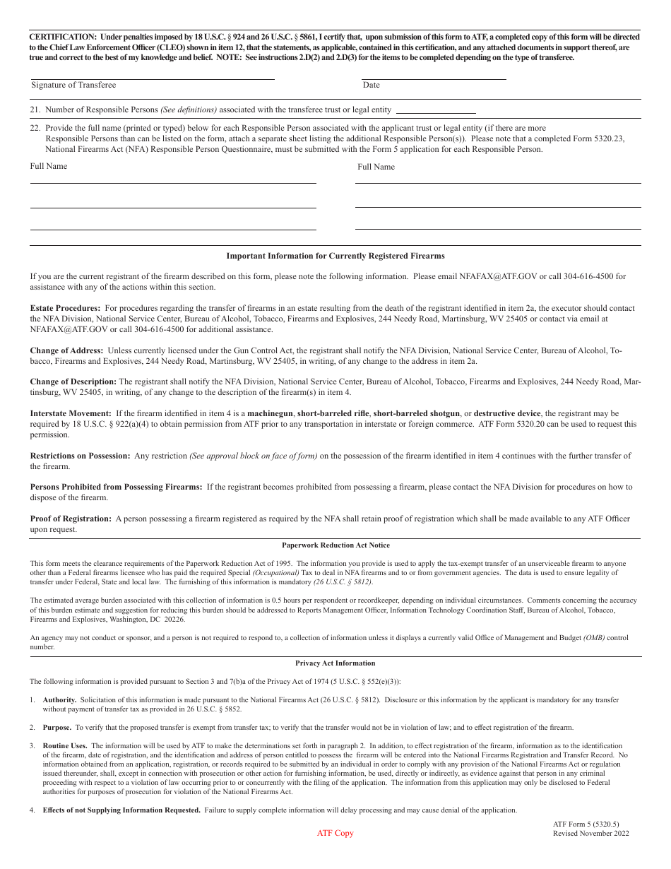 ATF Form 5 (5320.5) Application for Tax Exempt Transfer and Registration of Firearm, Page 3