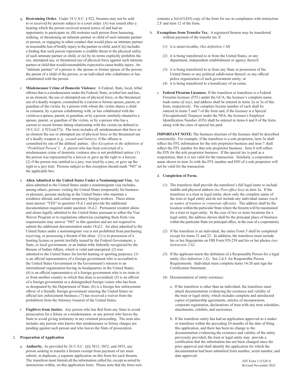ATF Form 5 (5320.5) Application for Tax Exempt Transfer and Registration of Firearm, Page 5