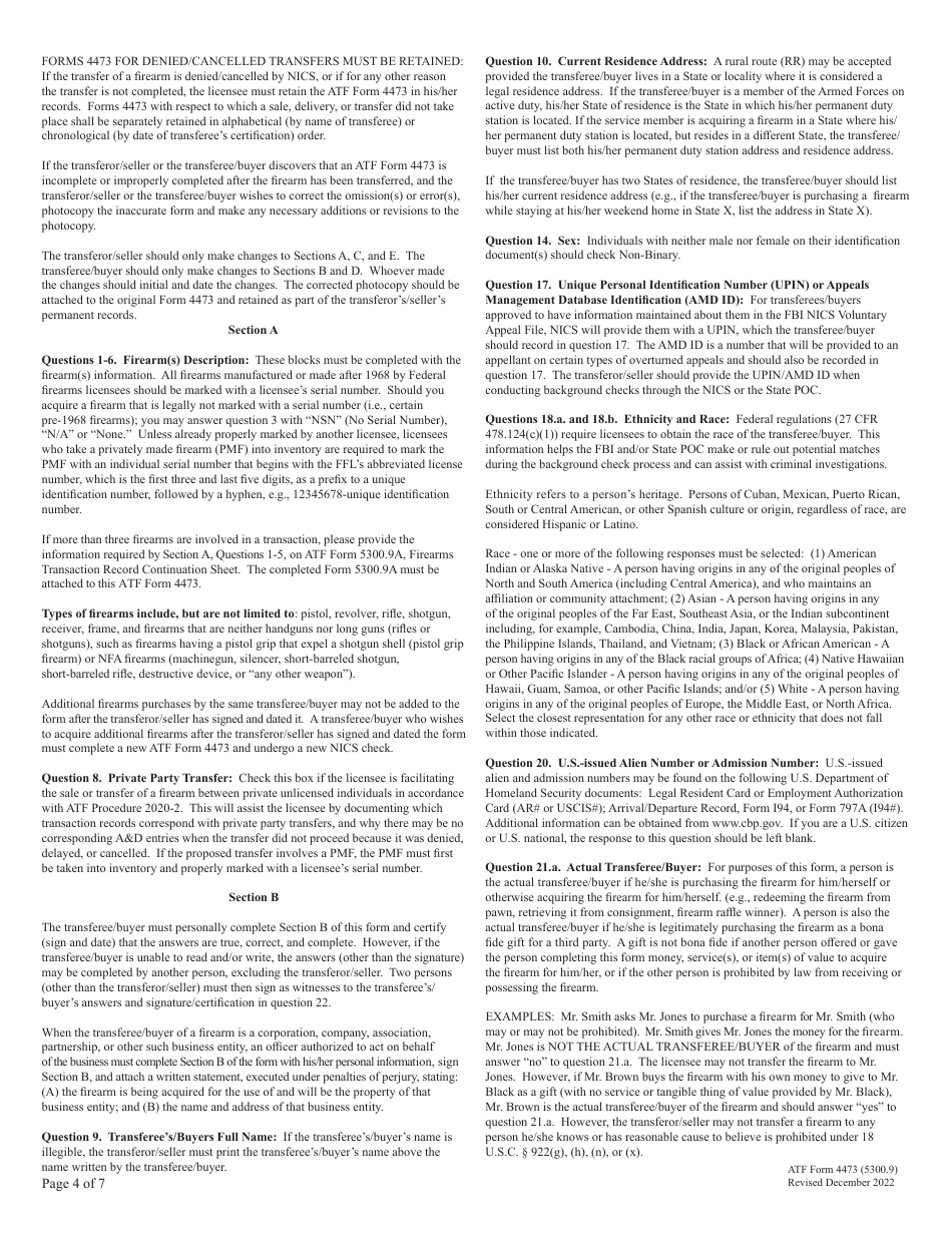 ATF Form 4473 (5300.9) Firearms Transaction Record, Page 4