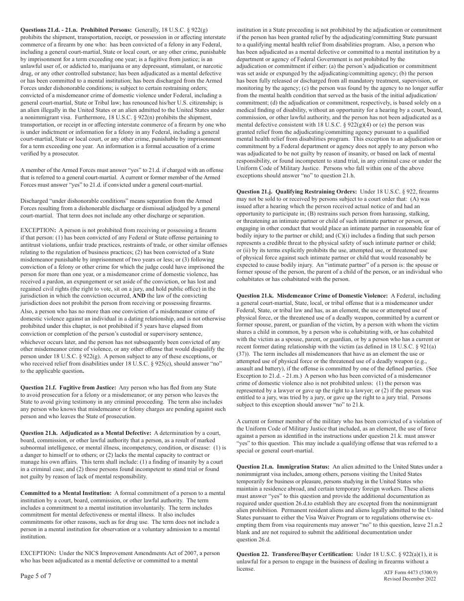 ATF Form 4473 (5300.9) Firearms Transaction Record, Page 5