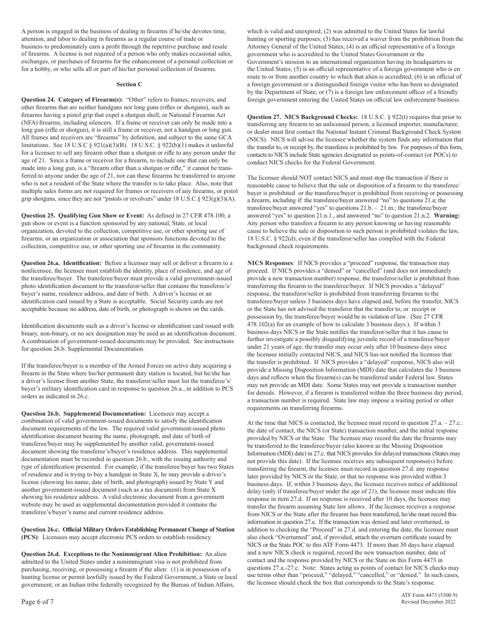 ATF Form 4473 (5300.9) Firearms Transaction Record, Page 6