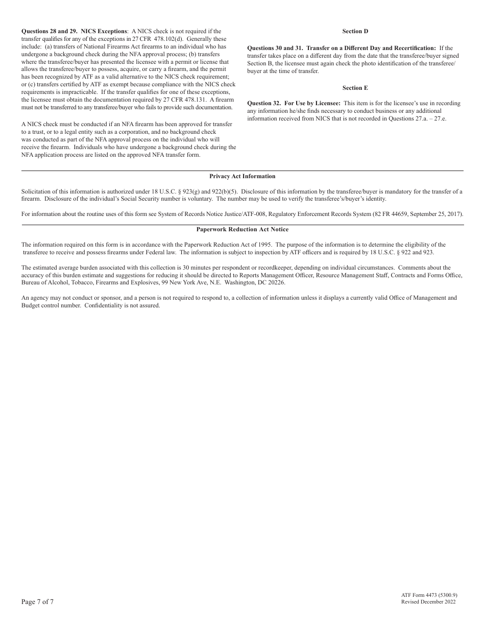 ATF Form 4473 (5300.9) Firearms Transaction Record, Page 7