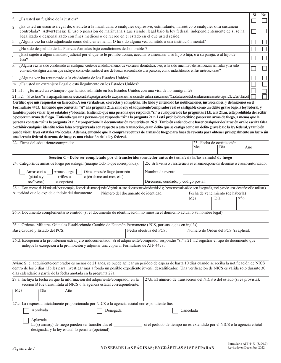 ATF Formulario 4473 (5300.9) Registro De Transaccion De Armas De Fuego (Spanish), Page 2