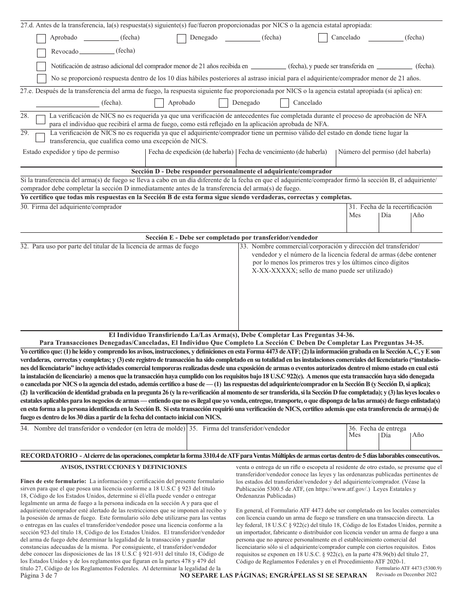 ATF Formulario 4473 (5300.9) Registro De Transaccion De Armas De Fuego (Spanish), Page 3