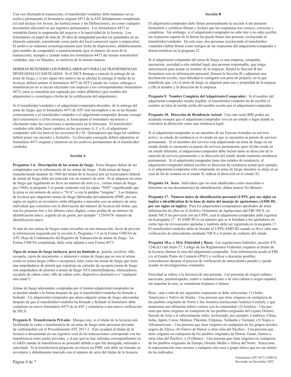 ATF Formulario 4473 (5300.9) Registro De Transaccion De Armas De Fuego (Spanish), Page 4