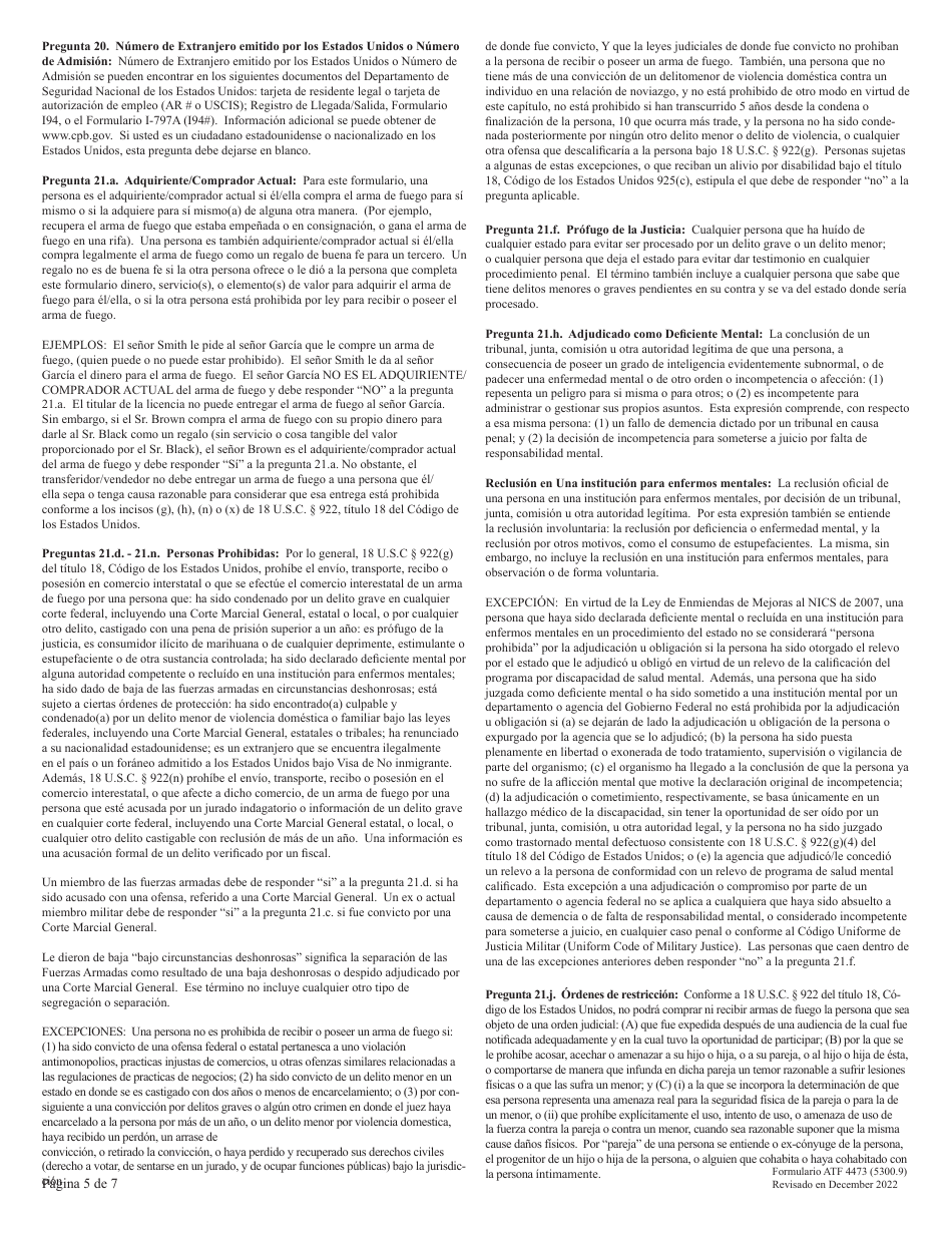 ATF Formulario 4473 (5300.9) Registro De Transaccion De Armas De Fuego (Spanish), Page 5