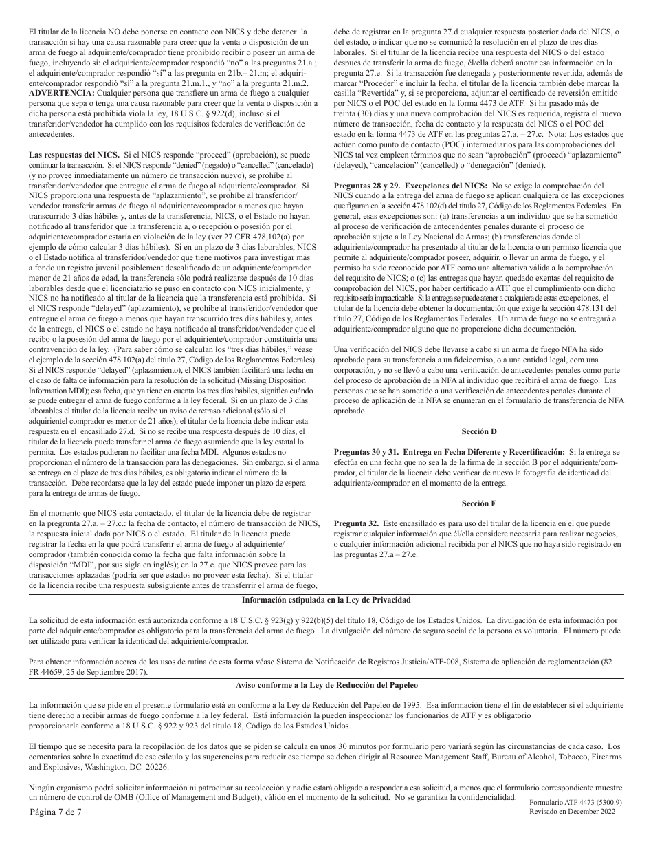 ATF Formulario 4473 (5300.9) Registro De Transaccion De Armas De Fuego (Spanish), Page 7