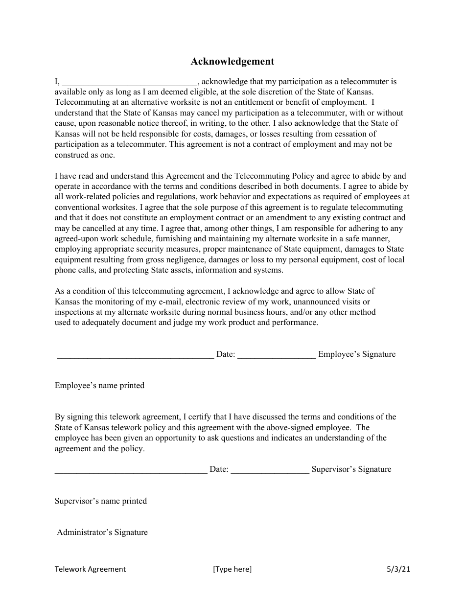 Telework Agreement - Kansas, Page 5