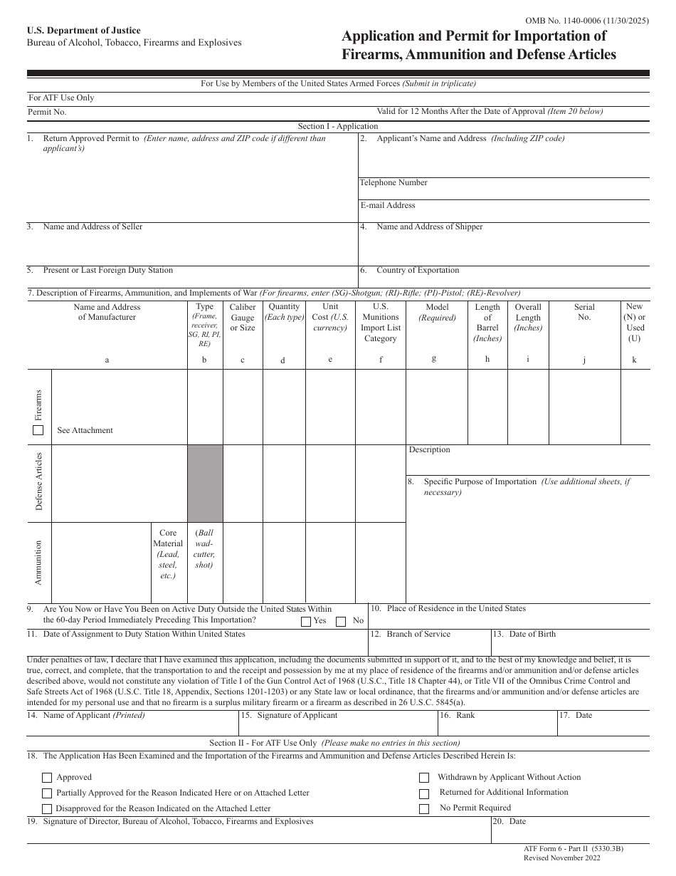 ATF Form 6 (5330.3B) Part II Application and Permit for Importation of Firearms, Ammunition and Defense Articles, Page 1