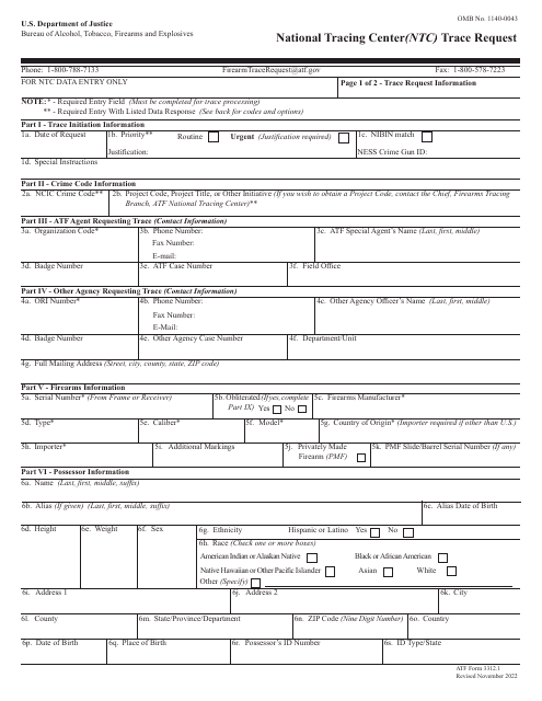 ATF Form 3312.1 National Tracing Center (Ntc) Trace Request