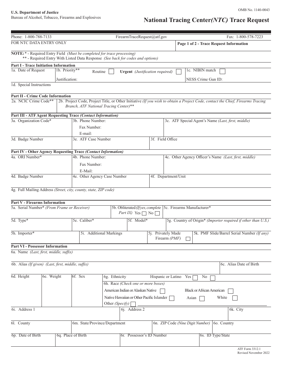ATF Form 3312.1 National Tracing Center (Ntc) Trace Request, Page 1