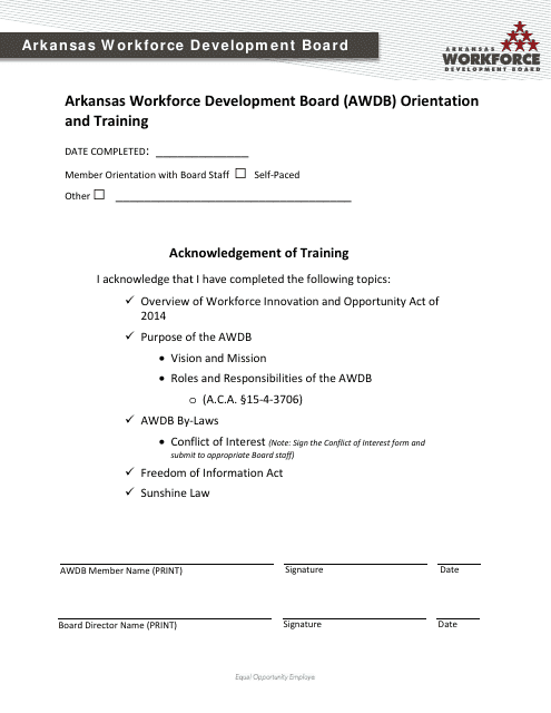 Arkansas Workforce Development Board (Awdb) Orientation and Training Form - Arkansas Download Pdf