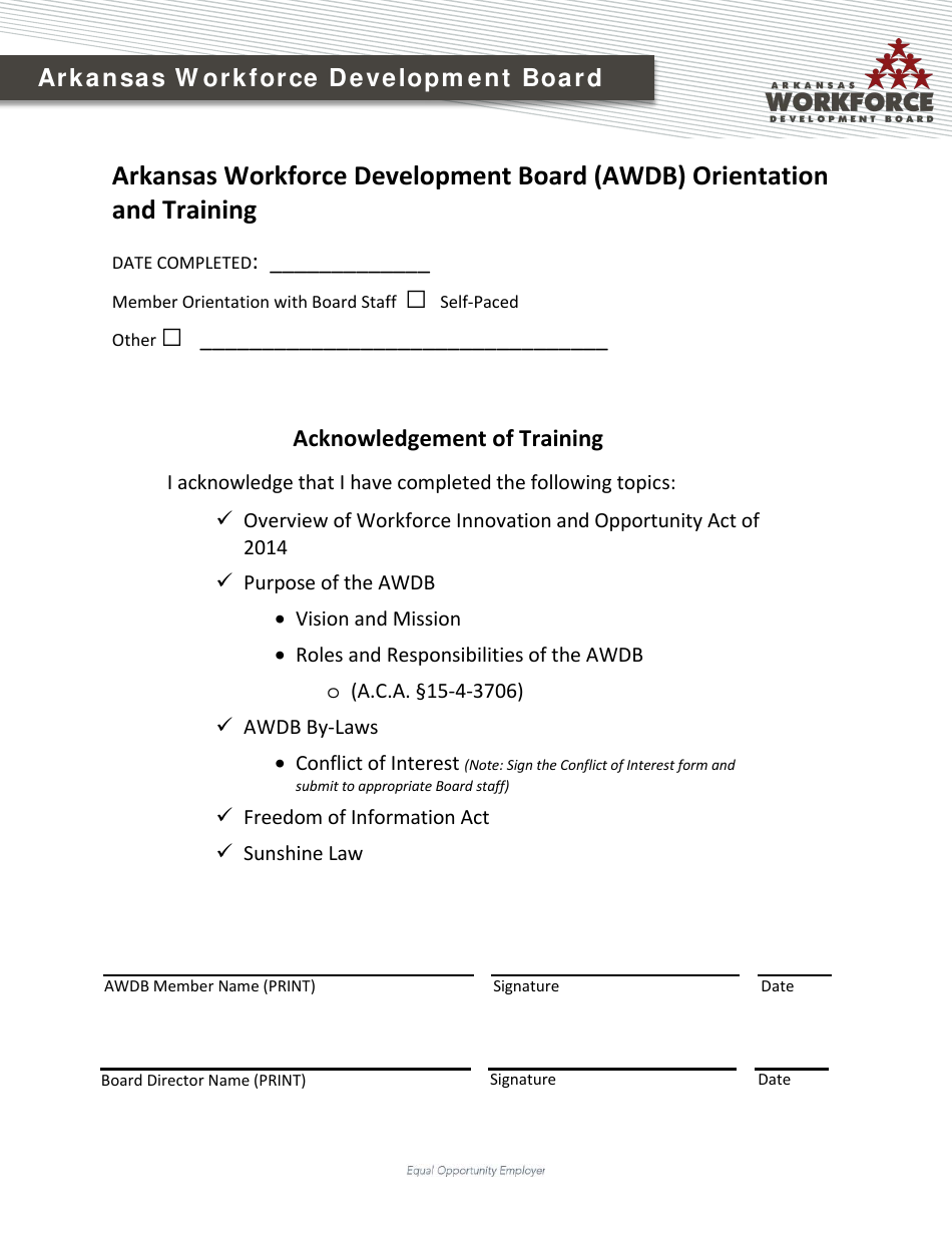 Arkansas Workforce Development Board (Awdb) Orientation and Training Form - Arkansas, Page 1
