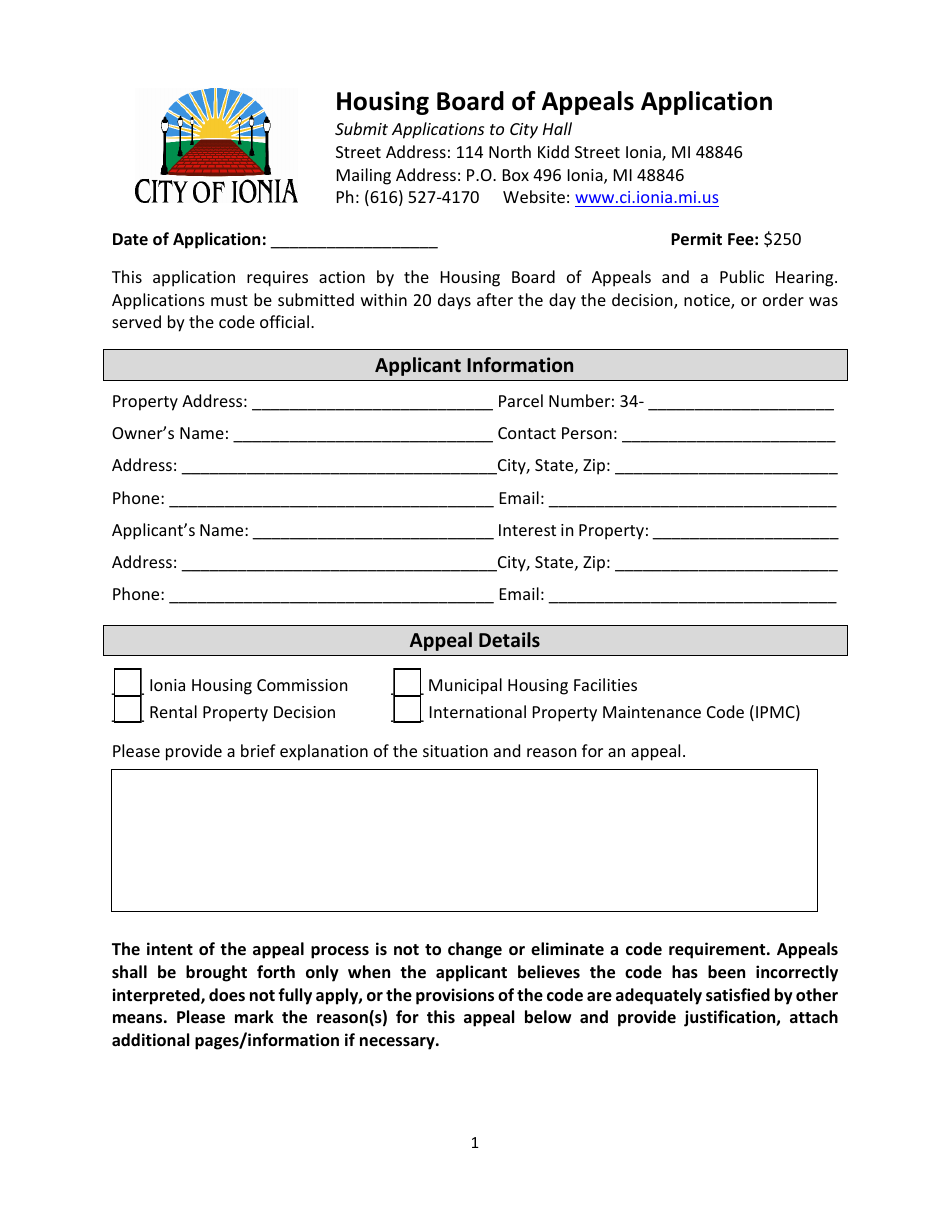 City of Ionia, Michigan Housing Board of Appeals Application - Fill Out ...