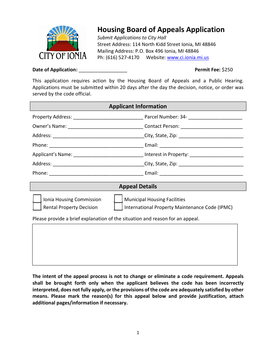 Housing Board of Appeals Application - City of Ionia, Michigan, Page 1