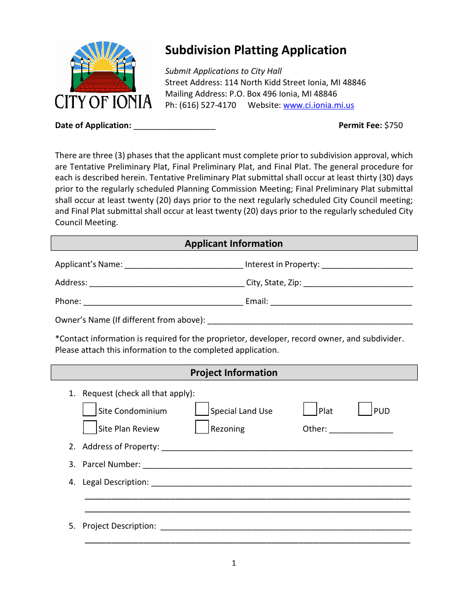 Subdivision Platting Application - City of Ionia, Michigan, Page 1