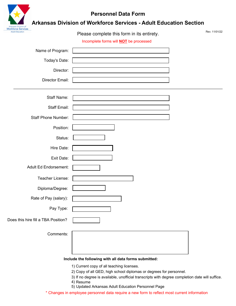 Personnel Data Form - Arkansas, Page 1