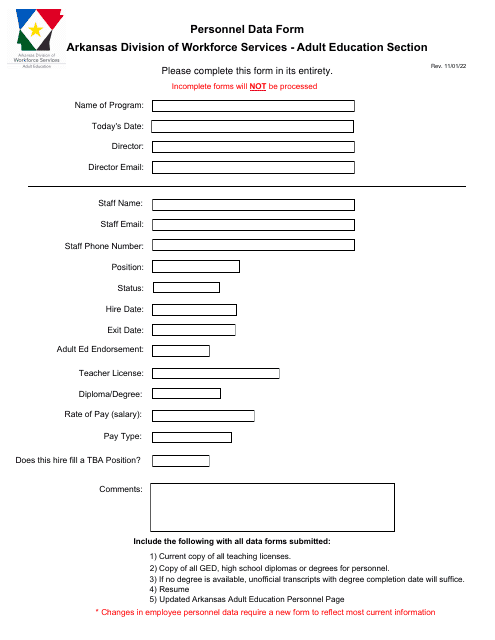 Personnel Data Form - Arkansas Download Pdf