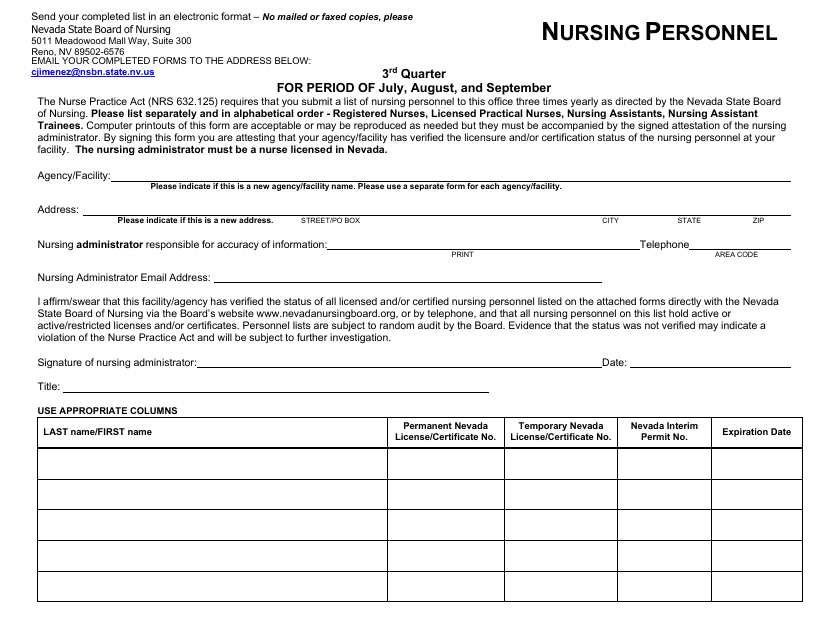 Nursing Personnel - 3rd Quarter - Nevada Download Pdf