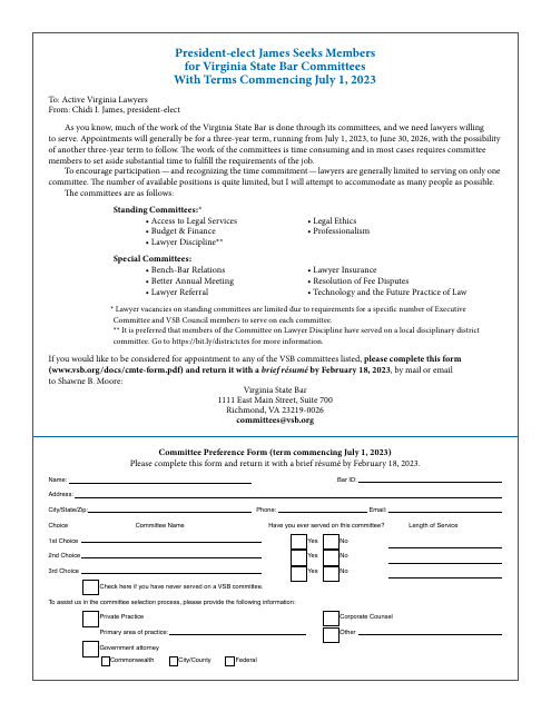 Committee Preference Form - Virginia Download Pdf