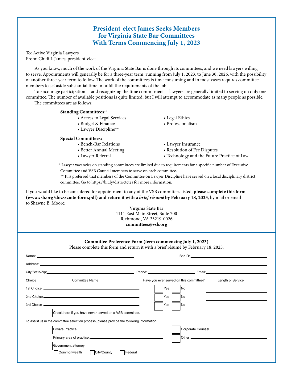 Committee Preference Form - Virginia, Page 1