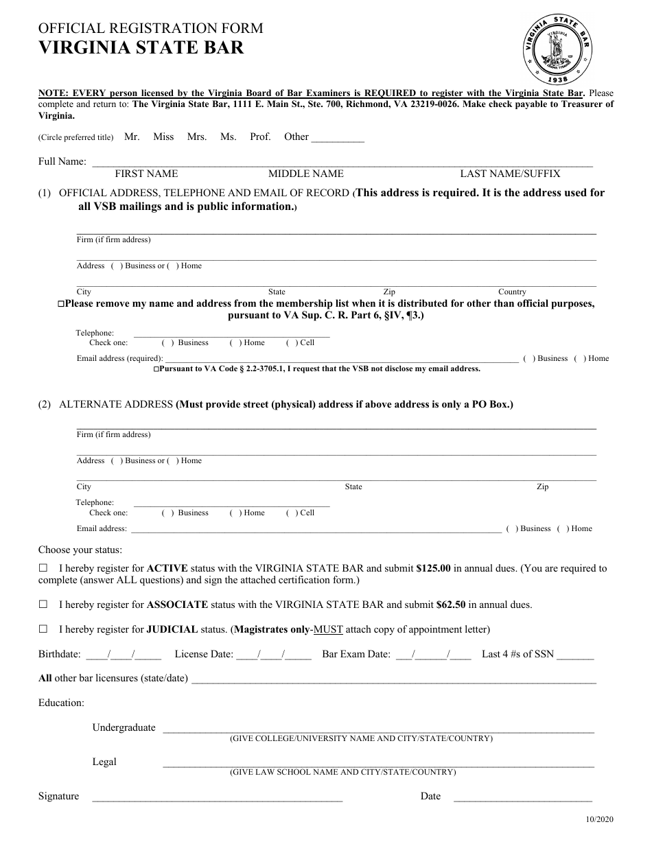 Official Registration Form - Virginia, Page 1